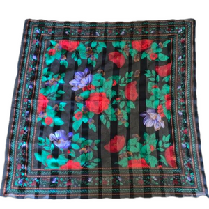Vintage floral square fashion scarf red roses, purple flowers